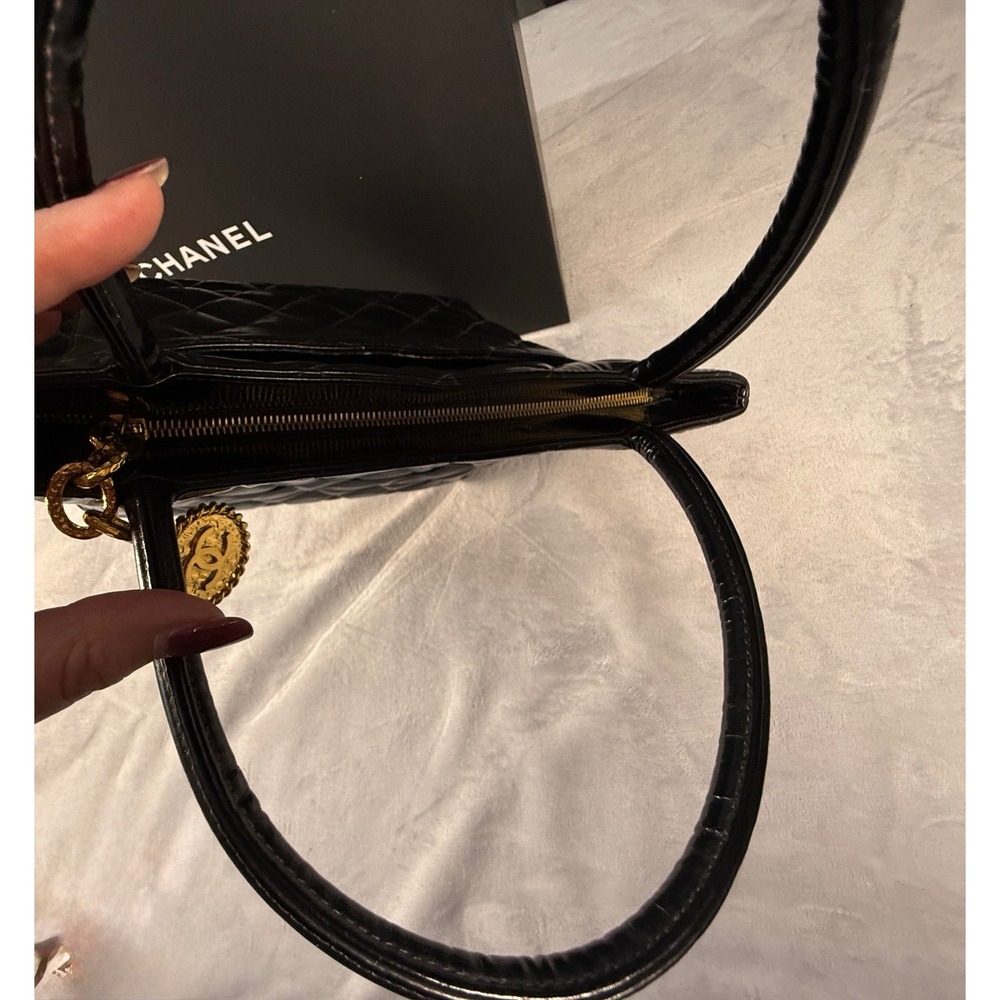 Chanel Black Patent Leather Quilted CC 24k Charm Tote Bag w/ Poshmark COA - Picture 15 of 16